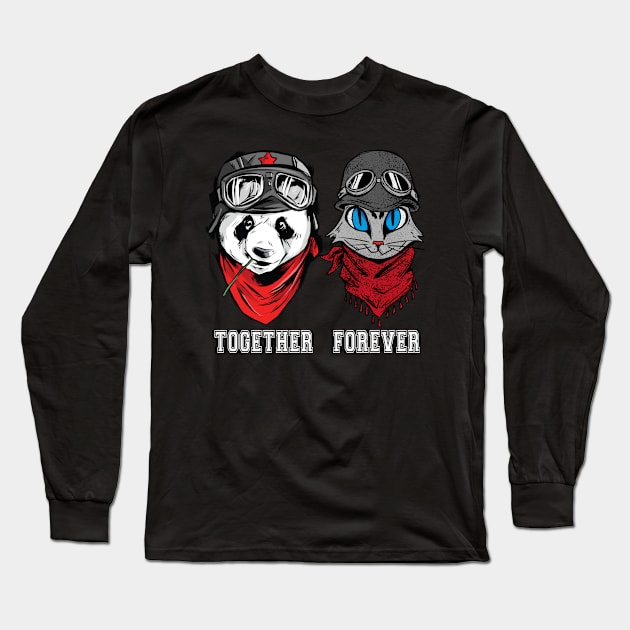 Cute Panda and cat couple in helmet and goggles with the words together forever. Long Sleeve T-Shirt by AJ techDesigns